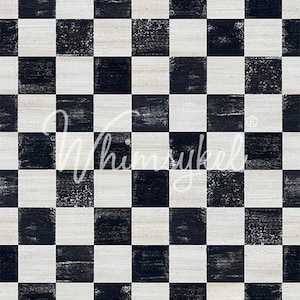 May include: Black and white checkered pattern with a distressed, textured appearance. The design features alternating squares of black and off-white, creating a classic checkerboard aesthetic. The pattern is suitable for various decorative applications.