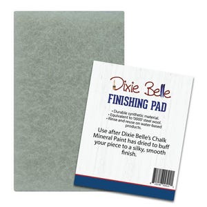May include: A gray finishing pad and a white card with the text "Dixie Belle FINISHING PAD". The card details the pad's use with chalk mineral paint for a smooth finish. The pad is made of durable synthetic material.