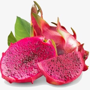 Op de afbeelding: Close-up van drie plakjes roze drakenfruit met zwarte pitten. Het fruit is gerangschikt op een witte achtergrond.