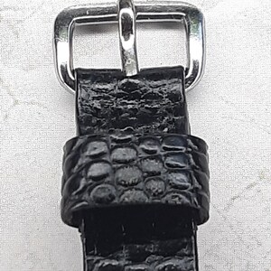 May include: Close-up of a black watch strap with a silver-colored buckle. The strap has a textured, embossed pattern. The buckle is rectangular with a single bar for securing the strap. The watch strap is likely made of leather or a leather-like material.