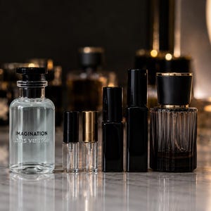 Pode incluir: Uma coleção de frascos de perfume de vários tamanhos e formas. Os frascos são transparentes, pretos e dourados, com o maior exibindo o texto "IMAGINATION LOUIS VUITTON". Estão dispostos sobre uma superfície de mármore, com um fundo desfocado.