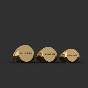 May include: Three gold signet rings with oval tops. The rings are different sizes, with the largest ring measuring 17x19.5 mm, the middle ring measuring 14.5x17 mm, and the smallest ring measuring 12x14.5 mm.