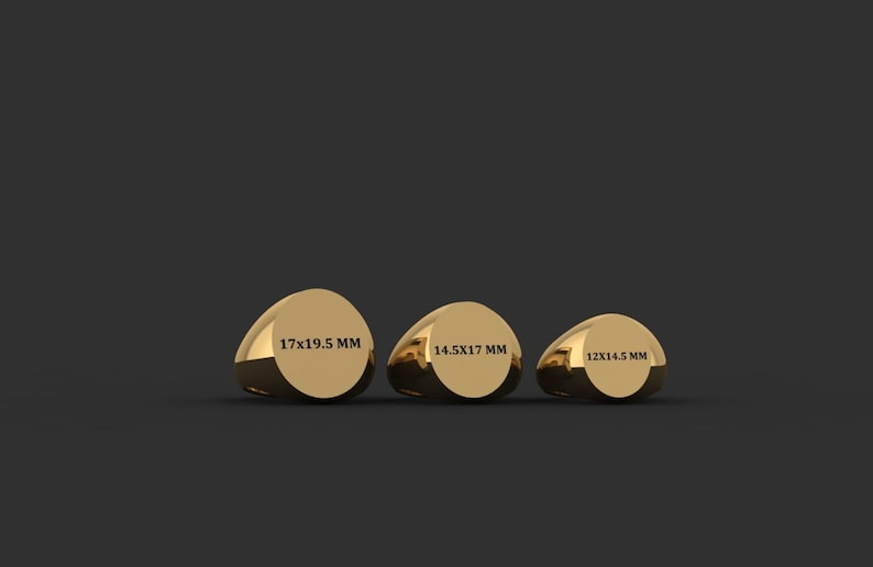 May include: Three gold signet rings with oval tops. The rings are different sizes, with the largest ring measuring 17x19.5 mm, the middle ring measuring 14.5x17 mm, and the smallest ring measuring 12x14.5 mm.