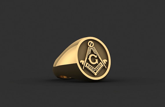 Men's 10k Yellow Gold Freemason Ring – Polished Round Top With Square & Compass Masonic Symbol