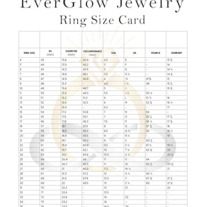 May include: A ring size chart with a white background and black text. The chart shows the ring size in millimeters, centimeters, and inches. It also shows the corresponding ring size in different countries, including the United States, United Kingdom, France, and Germany.
