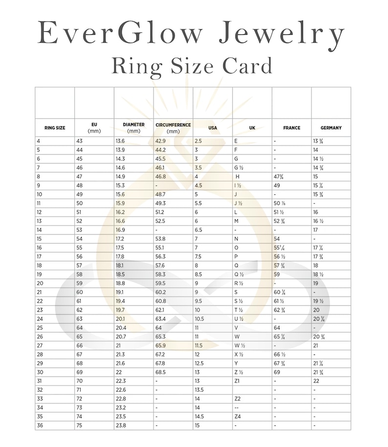 May include: A ring size chart with a white background and black text. The chart shows the ring size in millimeters, centimeters, and inches. It also shows the corresponding ring size in different countries, including the United States, United Kingdom, France, and Germany.