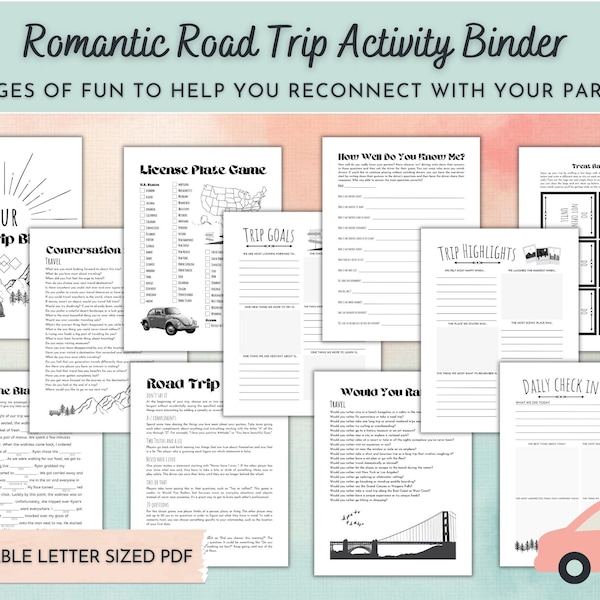 Romantic Road Trip Activity Binder for Couples - Includes Games, Conversation Starters, Journal Prompts, Treat Bag Tags, and More!