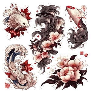 Red Japanese Koi Fish Waves Flowers Tattoo Designs | Set of 5 Japanese Designs | High Res Digital Download - Colored B&W PNG | Stencil SVG