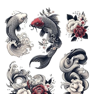 Japanese Koi Fish with Waves Tattoo Designs | Set of 5 Japanese Style Designs | High-Res Digital Download - Colored B&W PNG | Stencil SVG