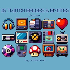 May include: A set of 15 pixel art Twitch badges and emotes featuring retro gaming themes. The emotes include a heart, headphones, a game console, a record player, a mushroom, a TV, and more. The text "Gamer" and "by ichikako" are also included.
