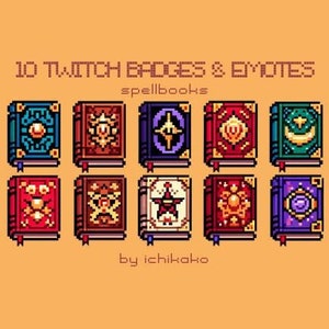 May include: Ten pixel art style Twitch badges and emotes featuring closed spellbooks with different colored covers and magical symbols. The text "10 Twitch Badges & Emotes" and "spellbooks" is at the top of the image. The text "by ichikako" is at the bottom of the image.