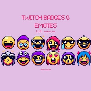 Puede incluir: Diseños de emojis pixelados con gafas de sol, sombreros y corazones sobre un fondo lila claro. También aparece el texto "Twitch Badges & Emotes" y "LUL emojis". El nombre del artista, "ichikoko", está en la parte inferior.