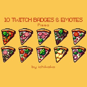 Pizza With Toppings Pixel 10 Twitch/Discord Badges & Emotes | Veggie, Ham and Cheese, Sausage, etc. | Premade Streaming Assets