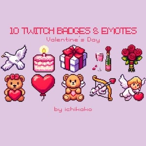 May include: Set of 10 pixel art Twitch badges and emotes for Valentine's Day. The emotes include a dove, a cake, a gift box, a heart balloon, a teddy bear, a cupid with an arrow, an angel with a heart, and a bouquet of red roses.
