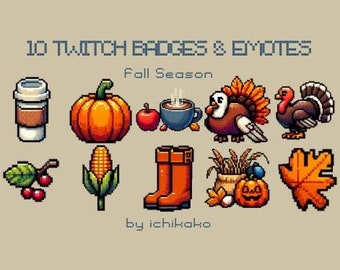 Op de afbeelding: Een set van 10 pixel art Twitch-badges en emotes met herfstthema's. De emotes omvatten een kopje koffie, een pompoen, een kolf maïs, een paar laarzen, een kalkoen, een pompoen met een jack-o-lantern gezicht, een esdoornblad en een kopje koffie met stoom. De tekst "10 Twitch Badges & Emotes" en "Herfstseizoen" is opgenomen in de afbeelding.