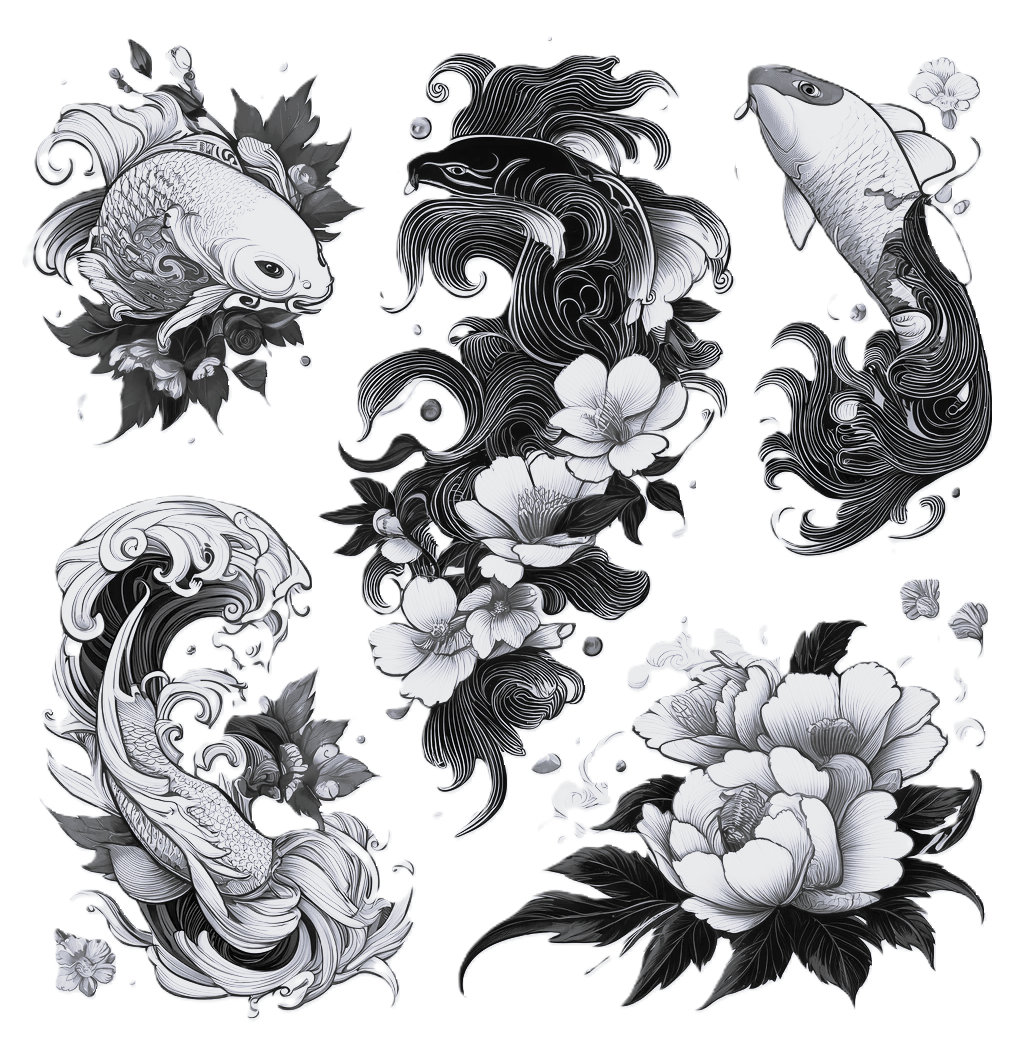 Red Japanese Koi Fish Waves Flowers Tattoo Designs | Set of 5 Japanese ...