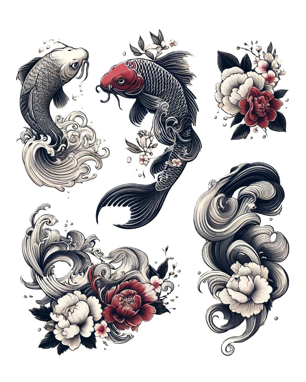Japanese Koi Fish Tattoo Designs: Waves, Flowers (digital Download) - Etsy, image size:1024x1280