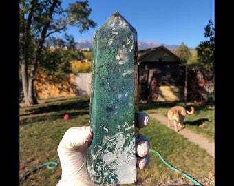 2.27lbs 8" Moss Agate Chalcedony Quartz Dendritic Inclusions Crystal Obelisk Pyramid Tower Point Generator Semi Precious USA MA3
