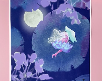 Full Moon Summer Lotus Fairy Inkjet Art Print. Good Night Sleep Fairytale Chinese Mythology. Original A4 Illustration Inkjet Print Giclée