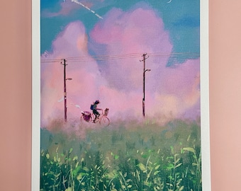 Inkjet Print. Under Dreamy Pastel Sunset Sky Cycler Cycling Riding Bicycle. A4 Illustration Art Print