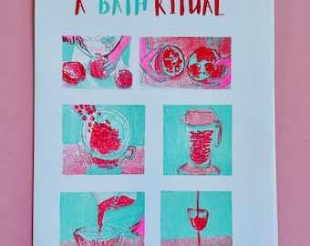 3-Color Risograph  ‘Wine’ -  A Bath Ritual  Riso Print Risograph Prints. Limited Edition 4-page Comic Zine