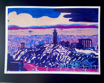 Edinburgh Handdrawn Original Art Print Calton Hill Artworks Wall Decor Scottish Landscape Travel-Inspired Gift for Home