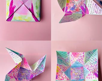Victorian Puzzle Purse Note Card. Foldable Vintage Love Lette . Antique Style Origami Surprise Secret Message Note