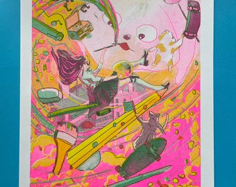 A4 Risograph Print. Fantastical Dazzling Swirl in Art. Painter with Imaginative Skating Cats and Pink Seal. Imagination. 3-Colour Riso Print