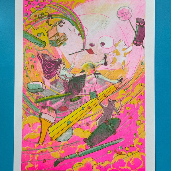 A4 Risograph Print. Fantastical Dazzling Swirl in Art. Painter with Imaginative Skating Cats and Pink Seal. Imagination. 3-Colour Riso Print