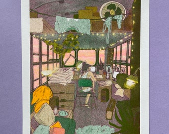 A5 Risograph Print.  Camper Van Home Tiny House Artist Art Studio.  3-Colour  Riso Print.