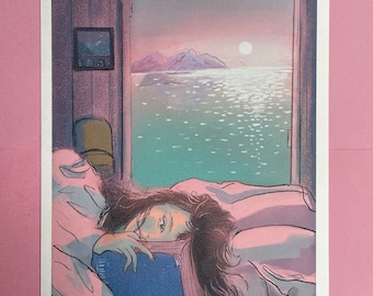 Reading Afternoon Inkjet Print. 90s Inspired Vaporwave Aesthetics Girlhood. Original A4 Illustration Art Print