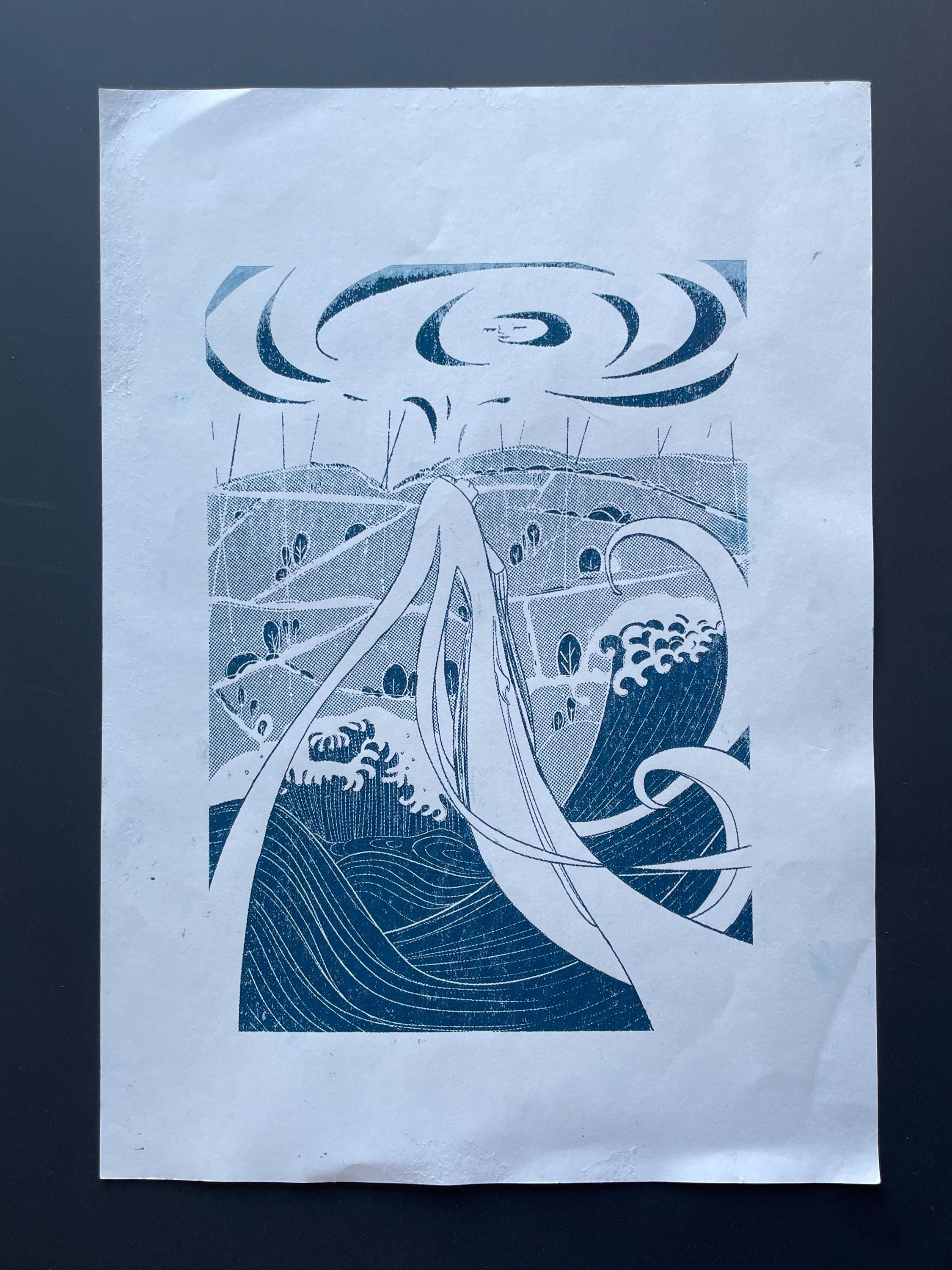A4 Gocco Silkscreen Waterproof Art Print on Fabric /Paper. Vintage Art Nouveau Style. Limited Edition. 2 Colour Silk Screen Prints Artworks
