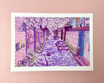 Street in Pink A4 Print. Urban Village China 90s Inspired Vaporwave Aesthetics  Anime Style. Original Illustration Art Print