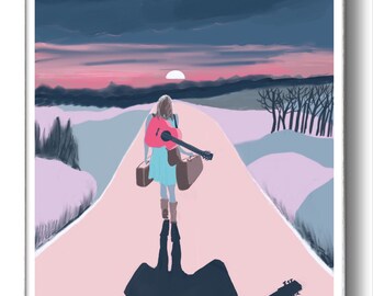Downloadable  Print.  Journey Poetica - Guitarist Toward Sunrise On the Road