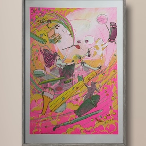 A4 Risograph Print. Fantastical Dazzling Swirl in Art. Painter with Imaginative Skating Cats and Pink Seal. Imagination. 3-Colour Riso Print
