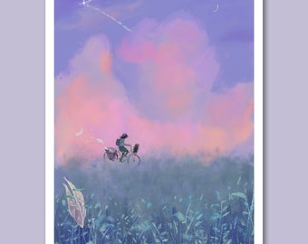 Downloadable Print. Dreamy Pastel Style Sunset Sky. Cycling in the Iridescent Light