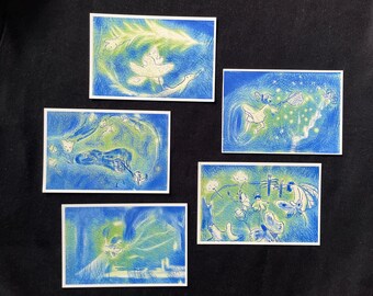 Original Illustration Series. Blue Night Fairytale Art Prints.  Dreamy Cyanotype Giclée Print Monoptype Sun Print Blue Wall Art Collectible
