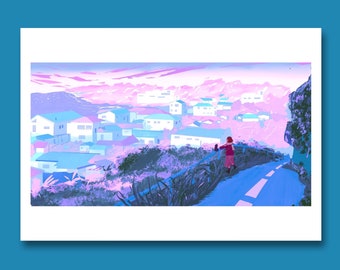 Downloadable  Print.  Girl with Black Cat Birdview Landscape - Journey Poetica