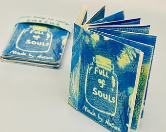 A7 Handmade Mini Cyanotype Artist Book.  The Myth of a Blue Night: Full of Souls.   Illustration Pocket Art Zine Original