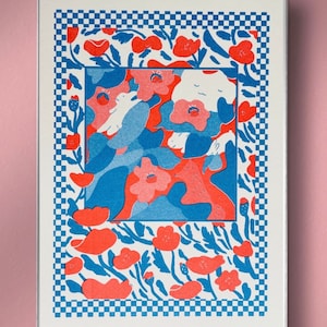 A4 Risograph Print. Siesta Amid Spring Blossoms. Blue and Red Riso Print