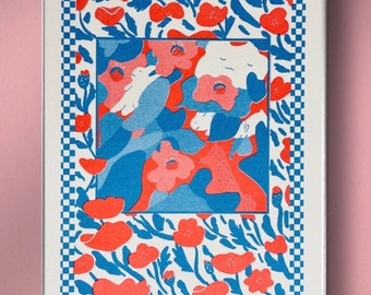 A4 Risograph Print. Siesta Amid Spring Blossoms. Blue and Red Riso Print