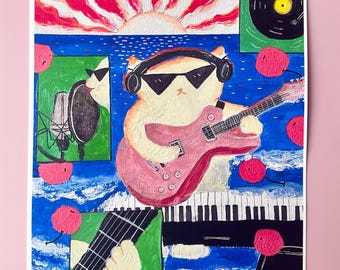 Original Textured Guitar Cat Art Print A4. Hand Painted Ocean Seaside Studio. Whimsical Musical Wall Decor. Funny White Cat Portrait