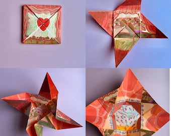 Valentines Theatre Romance Vintage Love Letter Foldable. Victorian Puzzle Purse Note Card. Antique Style Origami Surprise Secret Message