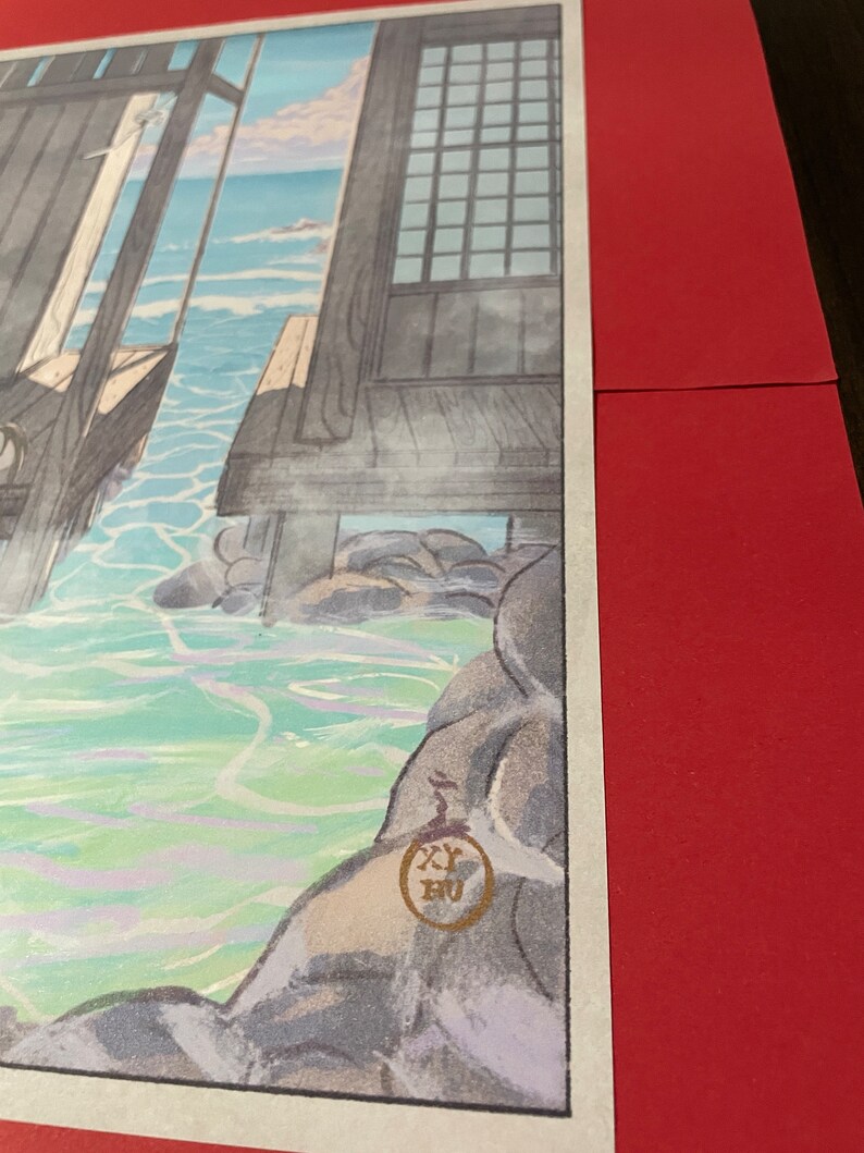 May include: A Japanese woodblock print showing a view of a wooden structure with a window overlooking a body of water. The water is a light blue and green colour and there are rocks in the water. The print is signed with a red seal in the bottom right corner.