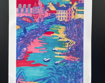 Edinburgh Original Handdrawn Art Print River Leith Wall Decor Scottish Landscape Travel-Inspired Quaint British Town