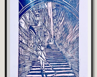 Edinburgh Close to Waverley Train Station. Woodcut Print Original. Fine Art Collectable. Limited Edition. Wood Block Relief Printing