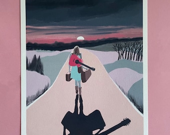A4 Print.  Guitar Girl Musician On the Road Toward Sunrise. Dream Pop Graphic Art