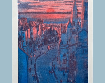 A4 Risograph Print. Old Town Sunset Edinburgh Royal Miles Cityscape. Seaside City Architecture Hand-Drawn Original Art