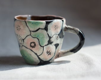 Handmade Coffee Mug Tea Cup Hand-Painted  Illustration.  Dear Mud - Puppies in Blossom