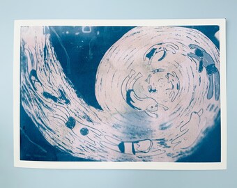 Cyanotype Giclée Print Swimming Scene Summer Swirl Monoptype Sun Print Blue Wall Art Collectible Printmaking A4 / A5